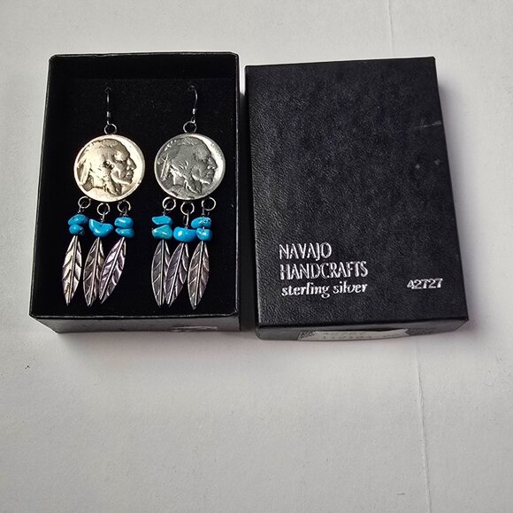 Vintage Navajo Sterling Buffalo Nickel Turquoise Feather Dangle Earrings Native - Picture 2 of 9